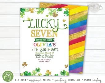 Lucky 7 birthday - Etsy Seventh Birthday, Lucky Seven, Lucky 7, 1st Birthday Invitations, First Birthday Invitations, Saint Patrick, 7th Birthday, Color Effect, Editable Invitations