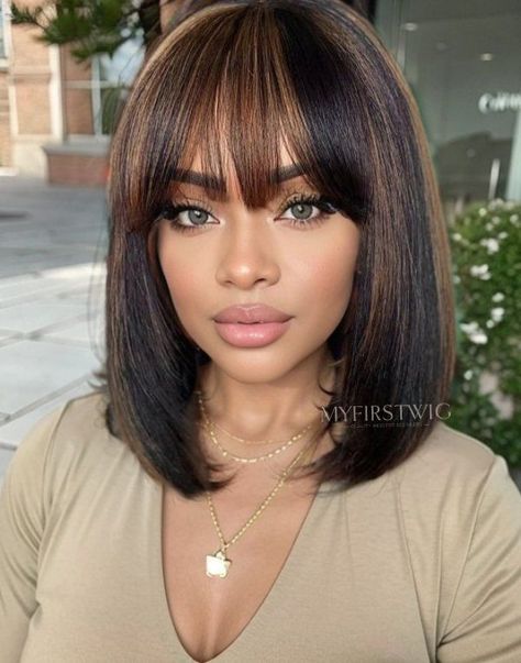 Jet Black Hair Color Ideas, Brown Bob With Bangs, Bangs With Highlights, Jet Black Hair Color, Black Hair Color Ideas, Highlight Brown, 2024 Hair Color, Brown Bob, Jet Black Hair