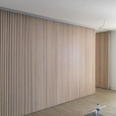 Vertical Cladding, Blind Door, Design Office Interior, Home Office Interior Design, Home Office Interior, Interior Design Office, Nyc Interior Design, Wood Slat Wall, Est Living