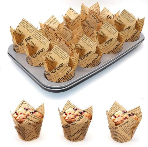 Brown Newspaper, Muffin Design, Tulip Cupcake Liners, Paper Cupcake Liners, Tulip Cake, Bakery Muffins, Newspaper Wrapping, Black Dessert, Muffin Cup