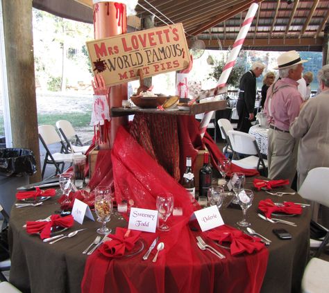 A Sweeney Todd inspired decorated table. Sweeney Todd Decorations, Sweeney Todd Party, Sweeney Todd Halloween, Dancing Witches, Wedding Core, Musical Party, Theatre Party, Mrs Lovett, Decorated Table