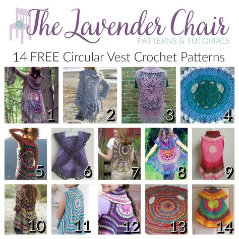 Circular Vest Crochet patterns are so popular right now! Get 15 FREE crochet patterns for these amazing circular vests right here! Crochet Circle Vest Free Pattern, Messy Bun Beanie Crochet Pattern, Vest Free Pattern, Crochet Circle Vest, Placemat Crochet, Shawls Crochet, Circle Vest, Crochet Vest Pattern Free, Lavender Chair