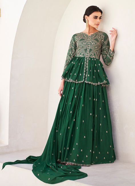 Green Embroidery Peplum Style Kurti Lehenga Peplum Top Lehenga, Sharara Top, Peplum Lehenga, Pleated Lehenga, Embossed Embroidery, Kurti Lehenga, Style Kurti, Bollywood Dress, Designer Outfit