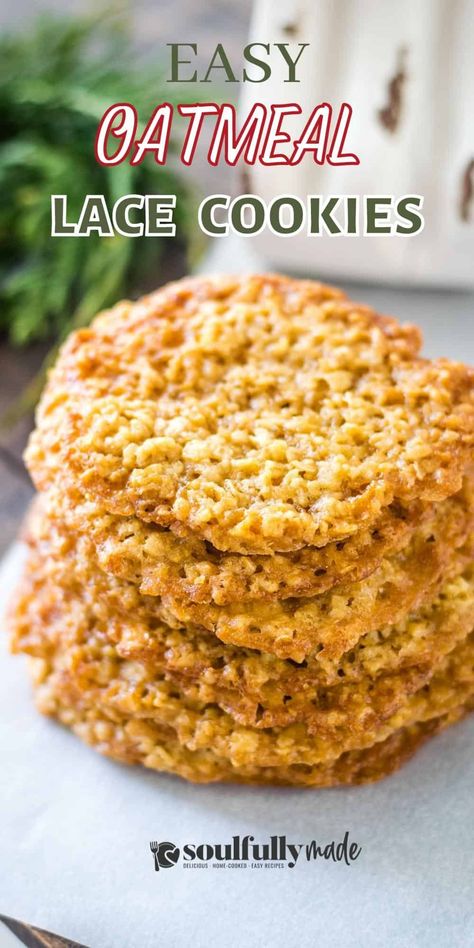 Lace Cookies Recipe, Oatmeal Lace Cookies, Lace Cookies, Easy Oatmeal, Simple Cookies, Gluten Free Oatmeal, Holiday Cookie Recipes, Gluten Free Sweets, Gf Recipes