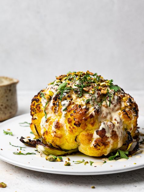 Whole Roasted Cauliflower, Tahini Sauce, Cauliflower Recipes, Roasted Cauliflower, Veggie Dishes, Tahini, Vegetable Recipes, Side Dishes, Vegetarian Recipes