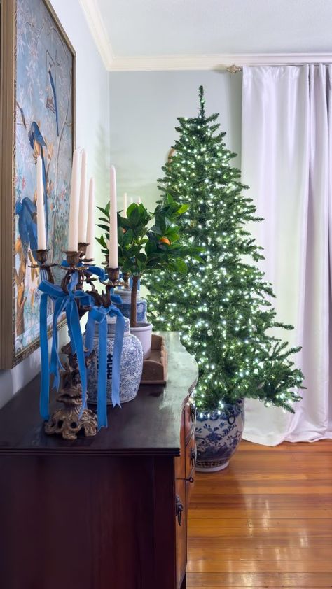 Using a Fishbowl or Planter as Christmas Tree Base - BELLE OMNILEY Blue And White Christmas Tree, Blue And White Christmas, Christmas Tree Base, Potted Christmas Trees, Grand Millennial, Porcelain Planter, Blue And White Chinoiserie, White Pot, Tree Base