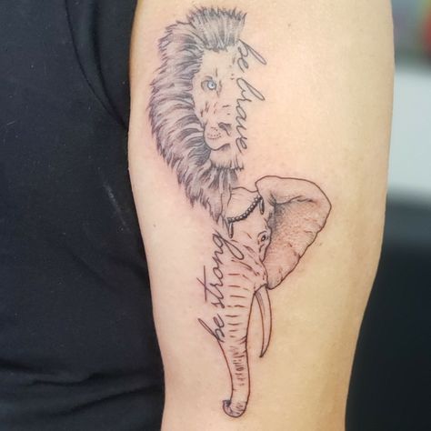 Elephant Lion Tattoo, Lion And Elephant Tattoo, Elephant And Lion Tattoo Ideas, Half Elephant Tattoo, Elephant Tattoos Men, Realistic Elephant Tattoo, Lion And Elephant, Lion Tattoo Ideas, Unique Half Sleeve Tattoos