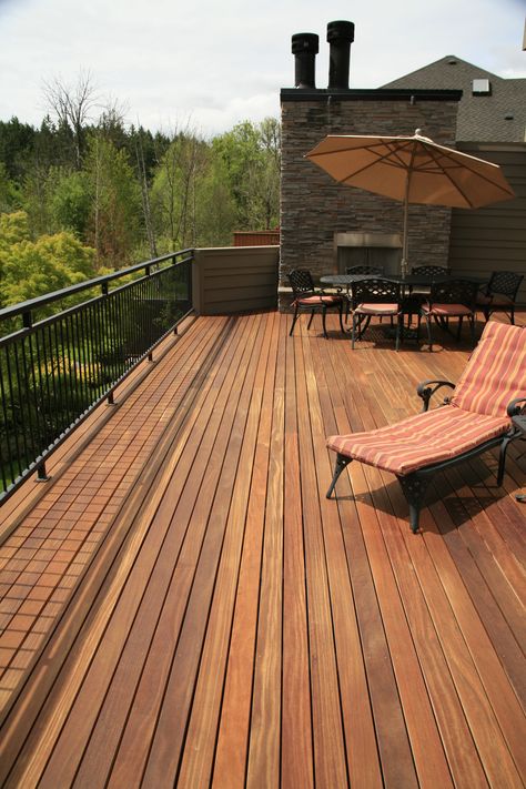 Cumaru hardwood decking. 1x4 on 1x4 sleepers. Dry deck underneath. Flexseal on plywood. Balcony Tiles, Second Floor Balcony, Timber Planks, Wood Decking, Terrace Floor, Deck Flooring, Real Hardwood Floors, Wood Shavings, Balcony Flooring