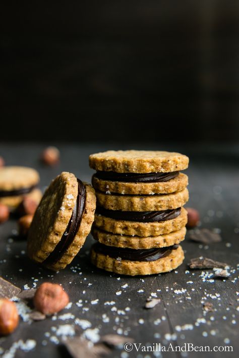 Rich chocolate paired with a light shortbread cookie, these Hazelnut Shortbread with Salted Ganache Sandwich Cookies are fun to make and give! Hazelnut Shortbread, Sandwich Biscuits, Chocolate Shortbread Cookies, Chocolate Pairings, Vanilla Cookies, Biscuit Cookies, Sandwich Cookies, Tea Cakes, Shortbread Cookies