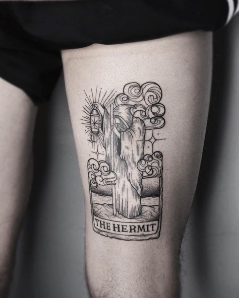 Tarot Card Hermit Tattoo, Hermit Card Tattoo, The Hermit Tattoo, The Hermit Tarot Tattoo, Hermit Tattoo, Tarot Tattoos, Dreamer Tattoo, Tarot Card Artwork, Hermit Tarot