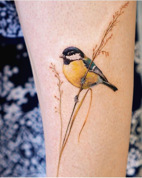 Wildflowers And Birds Tattoo, Australian Bird Tattoos For Women, Bluetit Bird Tattoo, Golden Finch Tattoo, Delicate Bird Tattoo, Wren Tattoo Simple, Yellow Finch Tattoo, Gold Finch Tattoo, World Tree Tattoo