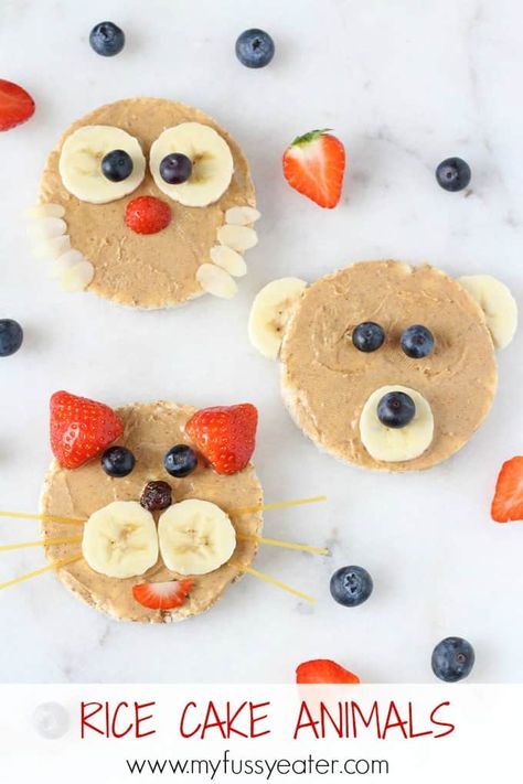 Rice Cakes Peanut Butter, Peanut Butter And Fruit, Cake Animals, Rice Cake Snacks, Healthy Snack For Kids, Animal Snacks, Vegan Steak, Snack For Kids, Food Art For Kids