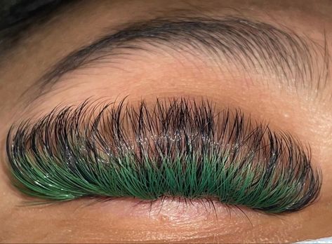 Red And Green Lash Extensions, Green Lash Extensions, Eyelash Extensions With Green, Green Lashes Extensions, Colored Lashes, Colored Lash Extensions Halloween, Desert Aesthetic, Perfect Eyelashes, Editorial Makeup