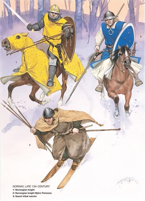 Norwegian knights chase an enemy Angus Mcbride, Military Illustration, Medieval Warfare, Warriors Illustration, Historical Warriors, High Middle Ages, The Crusades, Historical Armor, Heroic Fantasy