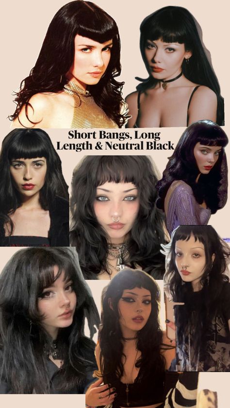 Event Hairstyles With Bangs, Braids To Hide Bangs, Diff Types Of Bangs, Short Layered Haircuts With Bangs Alt, 80s Goth Hairstyles, Goth Hair With Bangs, Boho Hair With Bangs, Grungy Haircuts Women, Gothic Hairstyles Long Goth Hair