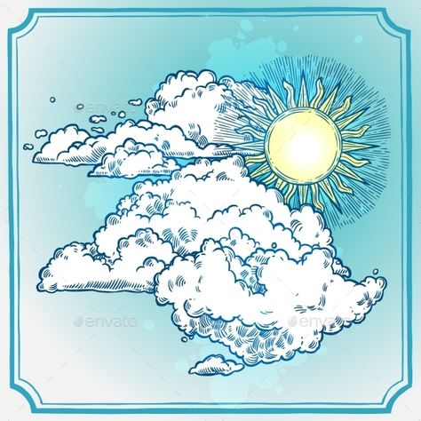 Blue Sky Drawing, Sky Sketch, Sky Frame, Sky Drawing, Sky Tattoos, Banner Shapes, Sunny Sky, Music Festival Poster, Sun And Clouds