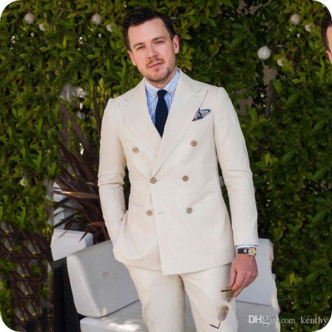 Summer Beach Casual Linen Man Suits for Wedding Groom Tuxedo Double Breasted Peaked Lapel Man Blazer Suit Custom Made Costume Homme Beige Suits Wedding, Wedding Guest Outfit Men, Terno Slim Fit, Swimsuit Pants, Groomsmen Tuxedos, Terno Slim, Man Jacket, Best Man Wedding, Suits Wedding