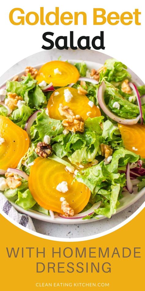 This Golden Beet Salad recipe is a vibrant and nutritious dish that can be served in the winter or summer. It combines the earthy sweetness of golden beets with a range of fresh, flavorful ingredients. Everyone loves this easy beet recipe in this healthy summer salad. Golden Beet Recipes, Golden Beets Recipe, Golden Beet Salad, Clean Eating Basics, Golden Beets Salad, Beet Salad Recipe, Beet Salad Recipes, Clean Eating Salads, Gluten Free Salads