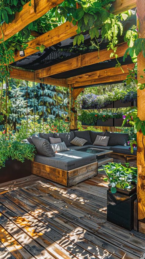 15 Stunning Pergola Patio Ideas You'll Fall In Love With - Planted Shack Freestanding Pergola On Deck, Pergola Slanted Roof, Unique Gazebo Ideas, Terrace Pergola Ideas, Garden Wooden Pergola, Half Pergola Ideas, Round Pergola Ideas, Shade Structures For Patio, Clear Roof Patio