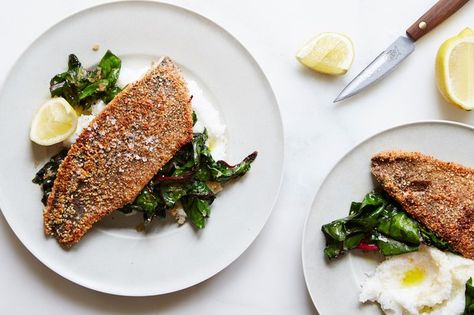 Almond-Crusted Trout with White Grits and Swiss Chard / Nicole Franzen Swiss Chard Recipes, Chard Recipes, Almond Crusted, Kale And Spinach, Braised Chicken, Vegetarian Dinners, Swiss Chard, Cereal Recipes, Chard