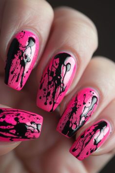 White Nails Design Short, Coffin Almond Nails, Red Design Nails, Nail Designs Hot Pink, Black Nails Design, Fur Nails, Pink Black Nails, Splatter Nails, Pink Summer Nails