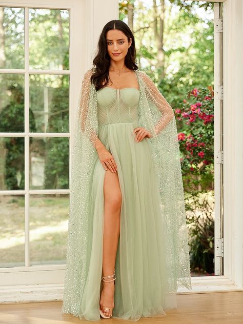 A-Line/Princess Tulle Ruched Straps Long Sleeves Floor-Length Dresses Dress Sage, Evening Dresses Cocktail, Guest Dress, Floor Length Dresses, Wedding Bridesmaid Dresses, Chic Dress, Flower Dresses, Cocktail Dress Party, Guest Dresses