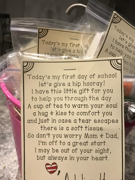 First day of school parent gift poem and care package. #firstdayofschool #backtoschool #teacherspayteachers  #teacherlife #kindergarten #school #teachersofinstagram https://www.teacherspayteachers.com/Product/First-day-of-school-parent-gift-poem-3947426 First Day Of School Notes, Kindergarten Parent Gifts, Boo Hoo Breakfast, First Day Poem, Parent Survival Kit, Welcome To Preschool, Preschool Poems, My First Day Of School, Kindergarten Parent