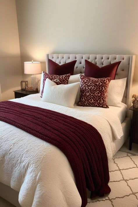 Looking to add a touch of sophistication and warmth to your bedroom? Burgundy might be the perfect color choice for you. This rich, deep hue can create a cozy and luxurious atmosphere in any bedroom. Here are 15 burgundy bedroom ideas to inspire your next renovation: Grey And Burgundy Bedding, Bordeaux Bedding, Pink And Maroon Bedroom, Bedroom Maroon, Burgundy Bedrooms, Berry Bedroom Ideas, Burgundy And Beige Bedroom, Burgundy Bed, Mulberry Bedroom