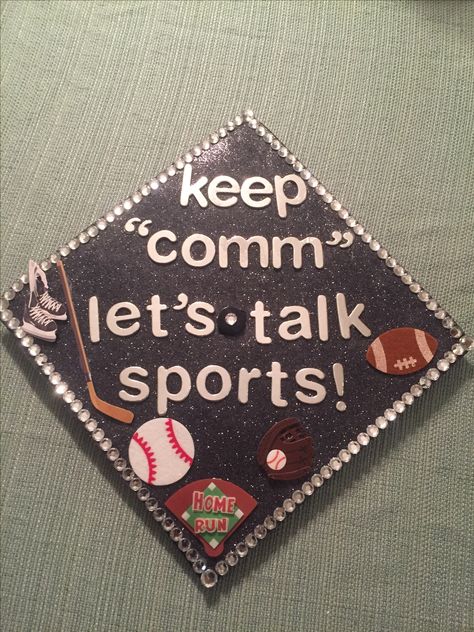 Grad cap #sports #communications Sports Management Graduation Cap, Communications Graduation Cap, Communication Graduation Cap, Sports Graduation Cap, Communications Major, Graduation Cap Designs College, Grad Cap Ideas, Disney Graduation Cap, Graduation Board