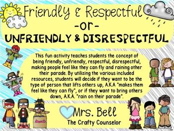 Friendly & Respectful or Unfriendly & Disrespectful Respect Activities, Classroom Community Building Activities, Teaching Respect, Community Building Activities, Thumbs Down, Elementary School Counseling, Counseling Resources, Classroom Community, School Counseling