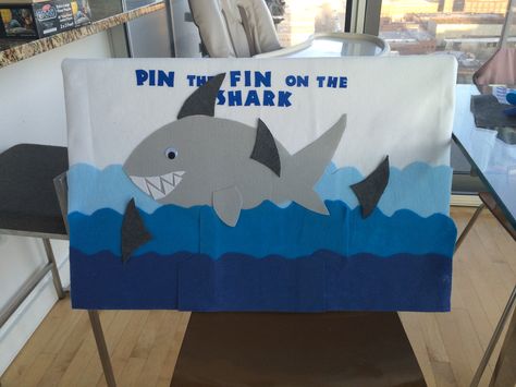 Pin the Fin on the Shark board DYI w felt Pin The Fin On The Shark, Movie Night At School, Shark Board, Dory Birthday Party, Shark Activities, Dory Birthday, Shark Themed Birthday Party, 5th Birthday Party Ideas, Ocean Birthday