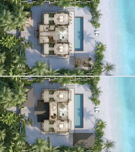 JOALI BEING | FOUR-BEDROOM WELLBEING PRIVATE OCEAN RESIDENCE Bungalow Resort Design, Joali Being, Beach House Floor Plan, Overwater Villa, Honeymoon Villas, Beach House Floor Plans, Bedroom Beach House, Sea View House, Resort Plan