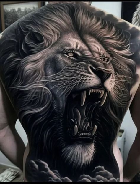 Lion Back Tattoo Men, Lion Back Tattoos Men, Roaring Lion Tattoos For Men, Lion Tattoo Back, Lion Back Tattoo, Lion King Tattoo, Chicano Tattoos Sleeve, Tattoo Uk, Gorilla Tattoo