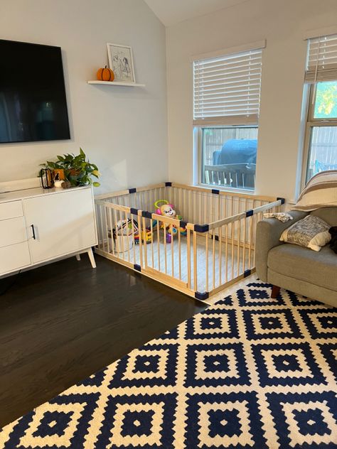 Nursery With Play Area, Playpen In Small Living Room, Small House Play Area, Living Room Playpen, Play Pin Ideas, Playpen Ideas Living Rooms, Small Apartment Play Area, Play Pen In Living Room, Playpen Set Up