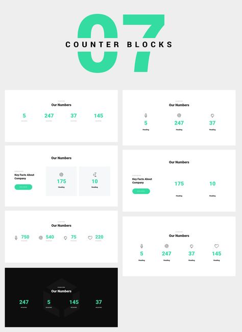 7 Counter Blocks. Wireframes. Numerals always accent the attention of visitors. Usually, counters are used to display the company's attainments, for example: "We work in 20 countries," "More than 1,000 downloads", "1,000 successfully completed projects," etc. Website Statistics Design, Web Design Blocks, Web Design Page Blocks, Website Counter, Webpage Design Layout, Desain Ux, Ui Design Mobile, Fashion Web Design, Wireframe Design