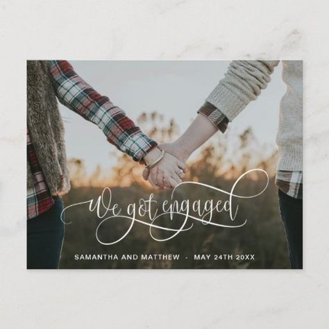 $1.95 | Photo, We Got Engaged White Calligraphy Engagement #engagement announcement, wedding engagement, photo, calligraphy, modern, simple, couple, script, we got engaged, photo overlay text Engagement Announcement Cards, Bedtime Habits, We Are Getting Married, Engagement Announcement Photos, Just Got Engaged, Engagement Photography Poses, Cute Engagement Photos, Couple Engagement Pictures, Engagement Pictures Poses