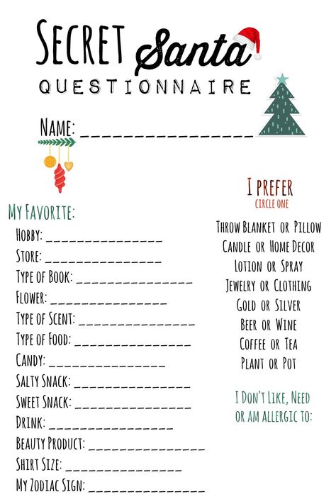 Secret Santa Printable, Secret Santa Questions, Secret Santa List, Work Secret Santa, Secret Santa Questionnaire, Secret Santa Christmas Gifts, Santa Printable, Work Christmas Party, Secret Pal