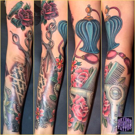 Beautician's sleeve work in progress #tattoo #tattoos #tattooer #ladytattooer  #girltattooer  #girlswhotattoo #ilmt  #dedicated #inspired #art #artist #cantstop  #deidgeschrist #deidgedunham #la #losangeles #fusiontattooink #fusionink #freeagent #dringenberg #dringenbergtattoocompany #cs #deidgedunhamtattoo #devotiontattoosv Beautician Tattoo, Work In Progress Tattoo, Progress Tattoo, Girly Tattoo, Tattoo Skin, Sibling Tattoos, In Progress, Tattoos For Black Skin, Girly Tattoos