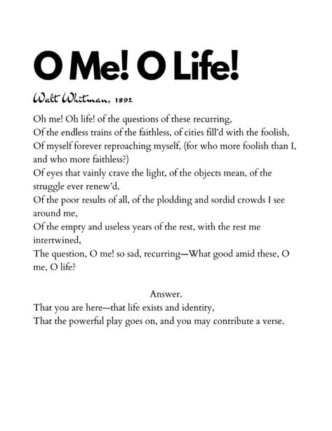 "The Road Not Taken" by Robert Frost, "O Me! O Life!" by Walt Whitman, "Walden" by Henry David Thoreau, "To the Virgins, to Make Much of Time" by Robert Herrick

This product can be found on my Etsy shop here: https://www.etsy.com/listing/1249245696/dead-poets-society-poems-english Society Poem, O Me O Life, Dead Poets Society Book, Whitman Poems, Dead Poets Society Quotes, Walt Whitman Poems, Dead Poets Society Aesthetic, Time Poem, Old Poetry