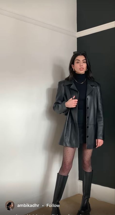 Black Leather Outfit Ideas, Black Leather Blazer Outfits, Leather Jacket Chic Outfit, Leather Coat Dress Outfit, Longline Leather Jacket Outfit, All Saints Outfit, Dress With Leather Blazer, Leather Casual Outfit, Black Leather Long Jacket Outfit