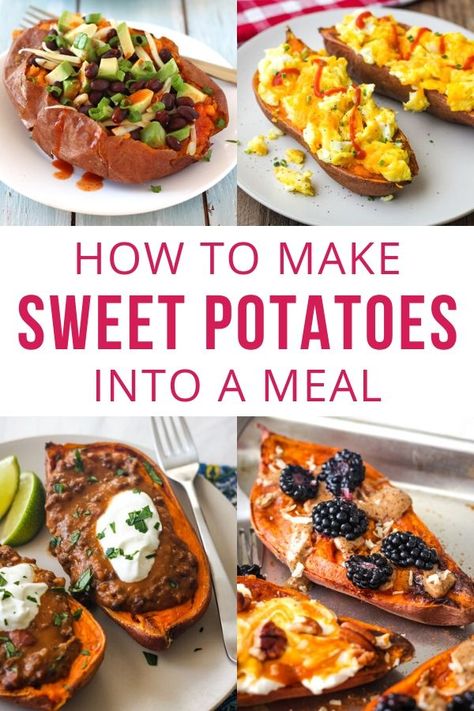 Easy and Delicious Baked Sweet Potato Toppings - Get 10 quick and healthy vegetarian ideas that work for any meal, from breakfast to dinner! Baked Sweet Potato Toppings, Baked Sweet Potato Oven, Nice Meals, Alternative Protein, Fiesta Night, Sweet Potato Dinner, Sweet Potato Toppings, Sweet Potato Recipes Healthy, Sweet Potato Recipes Baked