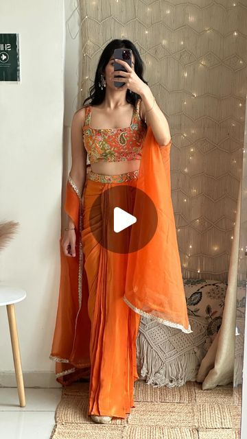 Draped Skirt Indian Outfit, Orange Haldi Outfit, Drape Skirt Outfit, Indian Haldi Outfit, Draped Skirt Outfit, Drape Skirt Indian, Haldi Outfit Bridesmaid, Orange Indian Outfit, Dress For Haldi