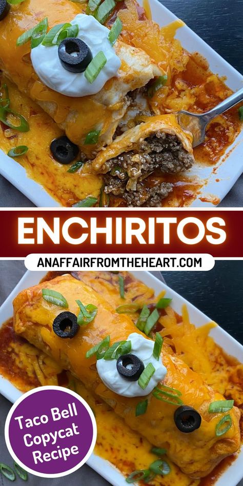 Taking a piece of Copycat Taco Bell Enchirito with a fork. Soft Taco Recipe Ground Beef, Recipes Using Flour Tortillas, Taco Bell Enchirito, Taco Bell Enchirito Recipe, Flour Tortilla Enchiladas, Enchirito Recipe, Soft Tacos Recipes, Soft Flour Tortillas, Frito Corn Salad