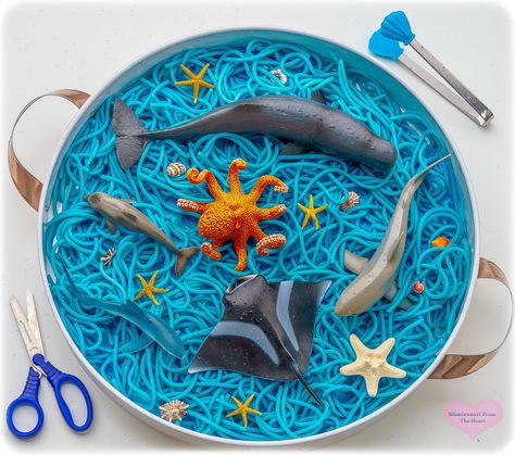 Ocean Pasta Kids Small World Play | Montessori From The Heart, Ocean Small World, Taste Safe spaghetti Sensory Play, colored pasta sensory bin, Kmart sensory bin, lean and play, early learning, taste safe sensory bin, homeschool, preschool, toddler play, baby play Sensory Play Toddlers, Baby Sensory Play, Nursery Activities, Toddler Sensory, Tuff Tray, Sensory Table, Invitation To Play, Small World Play, Messy Play