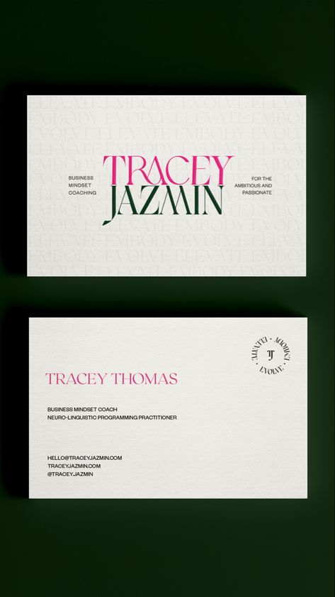 Laid back luxury business cards design for Tracey Jazmin, inspired by the vibe of Beverley Hill Hotels | feminine branding, business card inspo, custom business cards, colorful branding, sophisticated branding, brand design, branding for coaches, marketing collaterals, graphic design inspiration, small business cards Feminine Business Cards, Business Card Design Creative Ideas, Letterpress Business Card Design, Coach Business Card, Business Coach Logo, Branding Business Card, Sophisticated Business Card, Sophisticated Branding, Laid Back Luxury