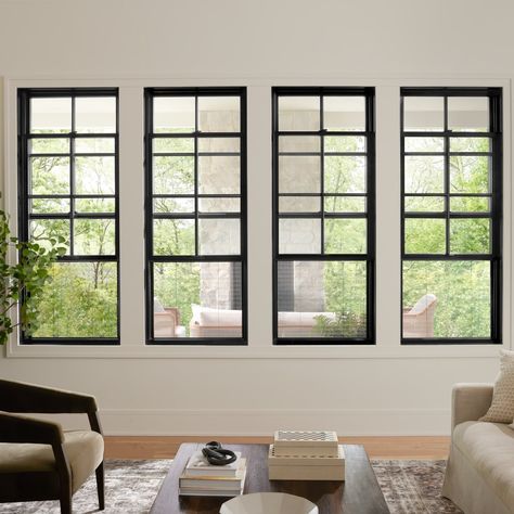 A durable half screen on the bottom sash of a double-hung window. Black screen #1000012604 fits Black exterior window size 32X54. Provides easy and convenient access to fresh air and natural light without compromising your view. Pella LS DH HIDDEN SCREEN 32X54 IN BLK in Black | 1000012604 Modern Front Window Design, Black Steel Windows Exterior, Black Casement Windows Exterior, Black Modern Windows, Marvin Elevate Windows, Black Pvc Windows, Window Screens Exterior, Barndo Windows, Black Framed Windows Exterior