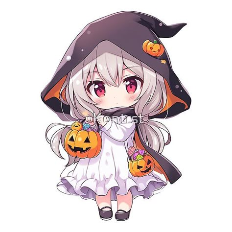 Cute Witch Character Design, Cute Anime Witch, Cape Drawing, Chibi Witch, Manga Halloween, Black Hooded Cape, Chibi Halloween, Witch Anime, Candy Bucket