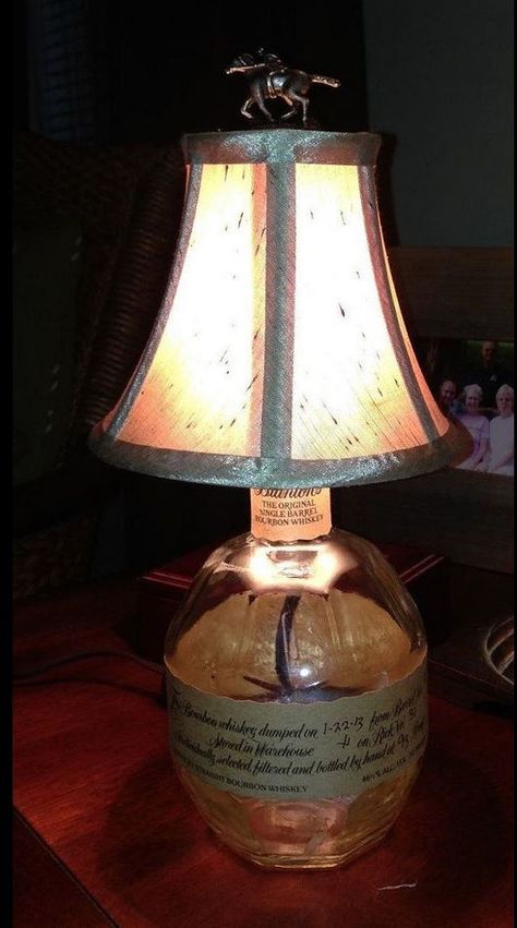 Creative Ideas For Repurposing Bottles and Jars Blantons Bottle Lamp, Bourbon Bottle Lamp Diy, Upcycle Whiskey Bottles, Bourbon Bottle Lamp, Blantons Bottle Ideas, Craft Ideas For Men, Empty Liquor Bottle Ideas, Bourbon Decor, Old Liquor Bottles