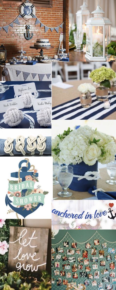 Nautical Bridal Shower Centerpieces, Sailor Theme Wedding, Beach Themed Bridal Shower Ideas Food Nautical Wedding, Anchor Decorations Party, Cruise Themed Bridal Shower Ideas, Bridal Shower On A Boat, Sweet 16 Nautical Theme, Nautical Theme Wedding Decorations, Yacht Bridal Shower Ideas