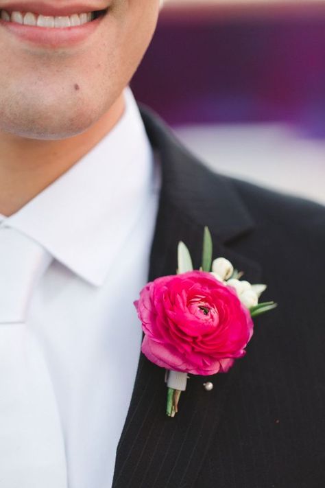 Styled Shoot | Urban Modern Rooftop Ranunculus Boutonniere, Pink Boutonniere, Prom Corsage And Boutonniere, Boutonnieres Prom, Hot Pink Weddings, Fiesta Wedding, Corsage And Boutonniere, Corsage Prom, Prom Flowers